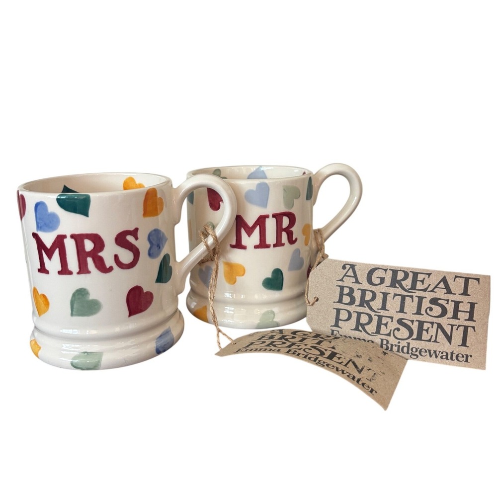 NWT Emma Bridgewater Mr and Mrs Mug Set Multi Color Hearts British Pottery